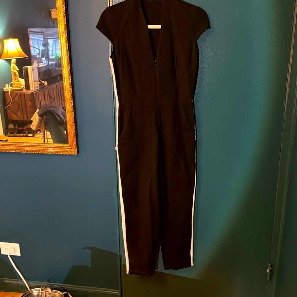 Black zip up jumpsuit w white racing stripe